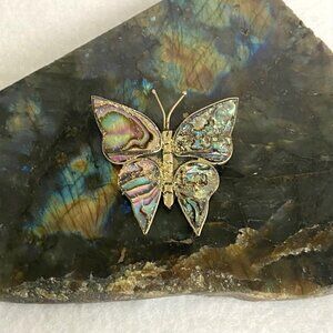 Alpaca Silver Mexico 1.5" Abalone Shell Glitter Butterfly Brooch
